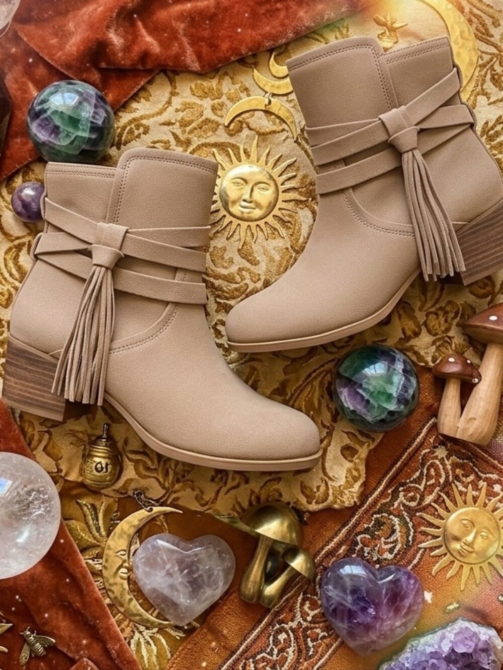 Elegant Tan Ankle Booties with Tassel Detail